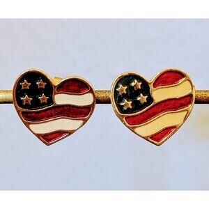 Avon Patriotic Red White Blue Enamel Flag Heart Post Earrings